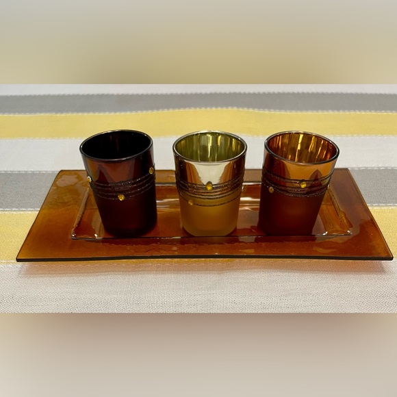 Elegant Decorative Votive Candle Holders - Set of 3 on Amber Crackle Glass Tray - Picture 6 of 14